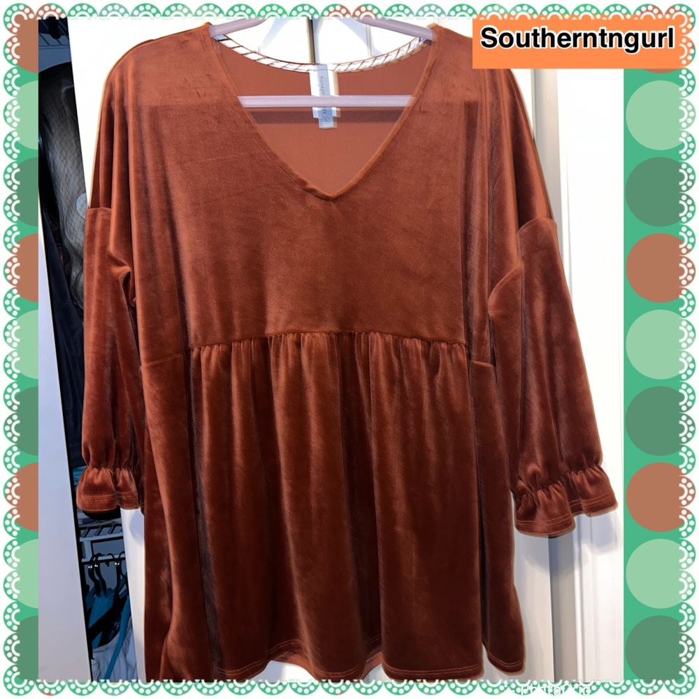 NWT HONEYME Velour V-Neck 3/4 sleeves Babydoll Top Tunic